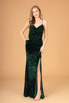 Halter Neck Velvet Sequin Long Dress Ruched Bodice GLGL3080-PROM-smcfashion.com