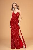 Halter Neck Velvet Sequin Long Dress Ruched Bodice GLGL3080-PROM-smcfashion.com