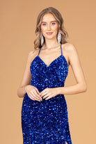 Halter Neck Velvet Sequin Long Dress Ruched Bodice GLGL3080-PROM-smcfashion.com