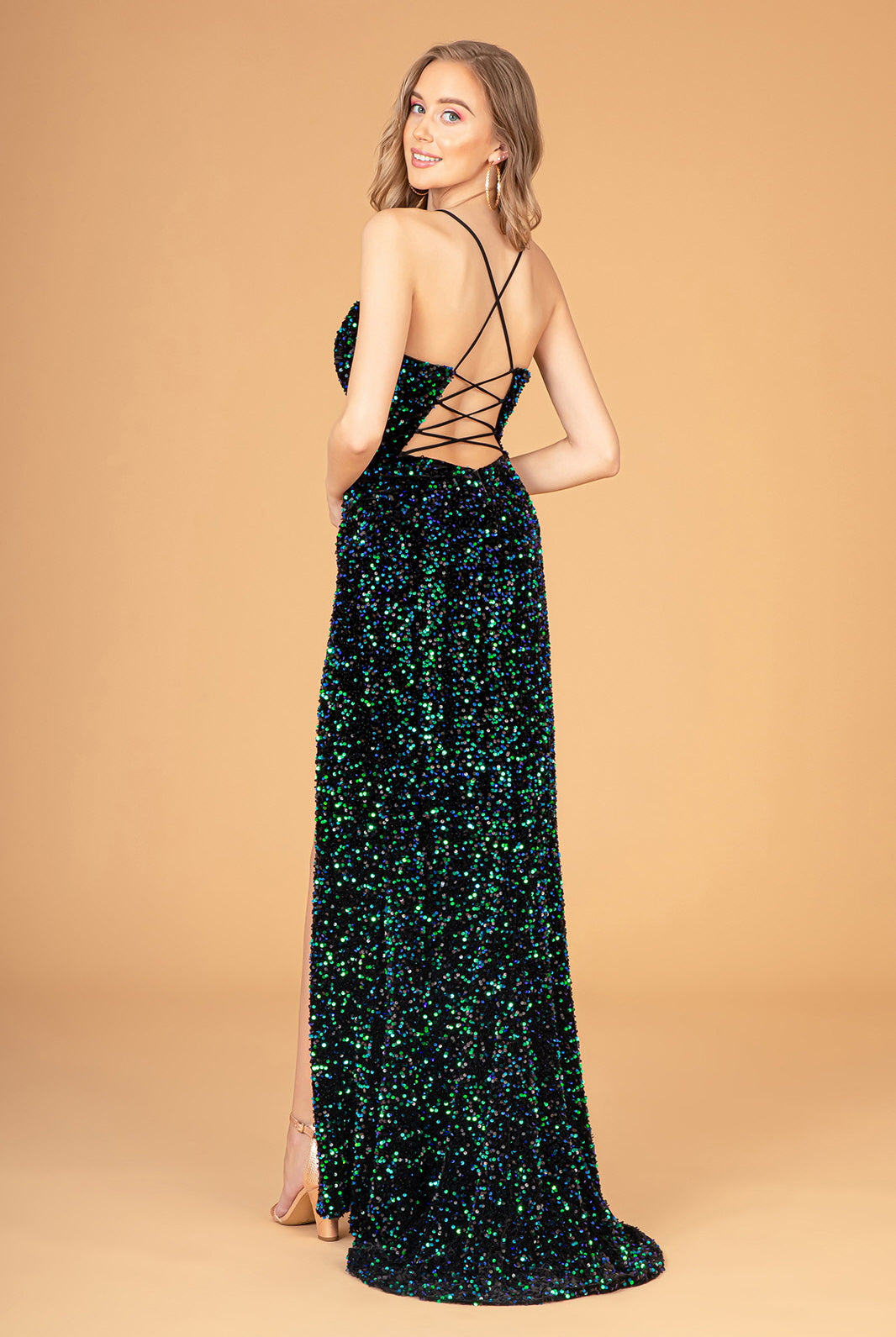 Ruched Bodice Velvet Bodycon Long Dress Leg Slit GLGL3081-PROM-smcfashion.com