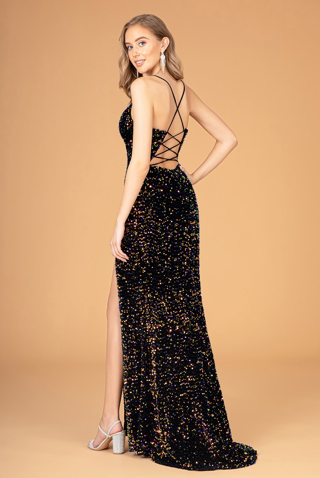 Ruched Bodice Velvet Bodycon Long Dress Leg Slit GLGL3081-PROM-smcfashion.com