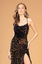 Ruched Bodice Velvet Bodycon Long Dress Leg Slit GLGL3081-PROM-smcfashion.com