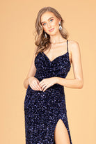 Ruched Bodice Velvet Bodycon Long Dress Leg Slit GLGL3081-PROM-smcfashion.com
