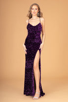 Ruched Bodice Velvet Bodycon Long Dress Leg Slit GLGL3081-PROM-smcfashion.com