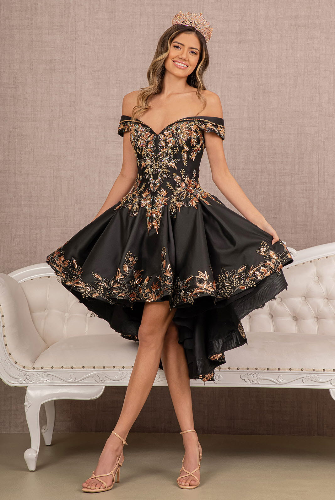 Off Shoulder Satin Quinceanera Ball Gown Embellished with Gold Embroidery GLGL3098-QUINCEANERA-smcfashion.com
