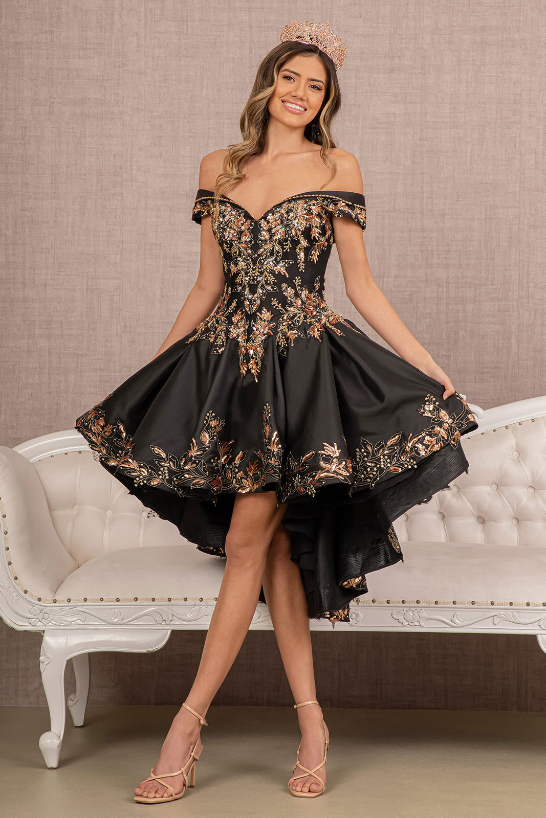 Off Shoulder Satin Quinceanera Ball Gown Embellished with Gold Embroidery GLGL3098-QUINCEANERA-smcfashion.com