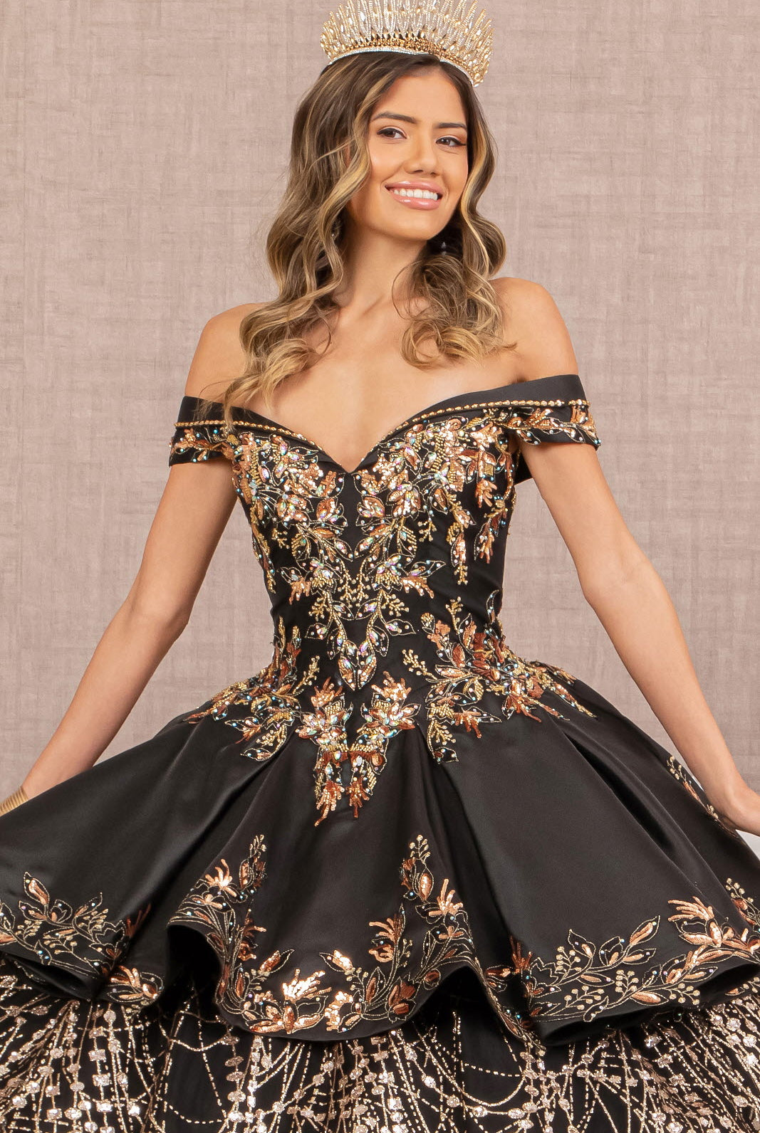 Off Shoulder Satin Quinceanera Ball Gown Embellished with Gold Embroidery GLGL3098-QUINCEANERA-smcfashion.com