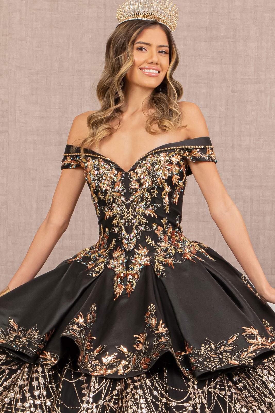 Off Shoulder Satin Quinceanera Ball Gown Embellished with Gold Embroidery GLGL3098-QUINCEANERA-smcfashion.com