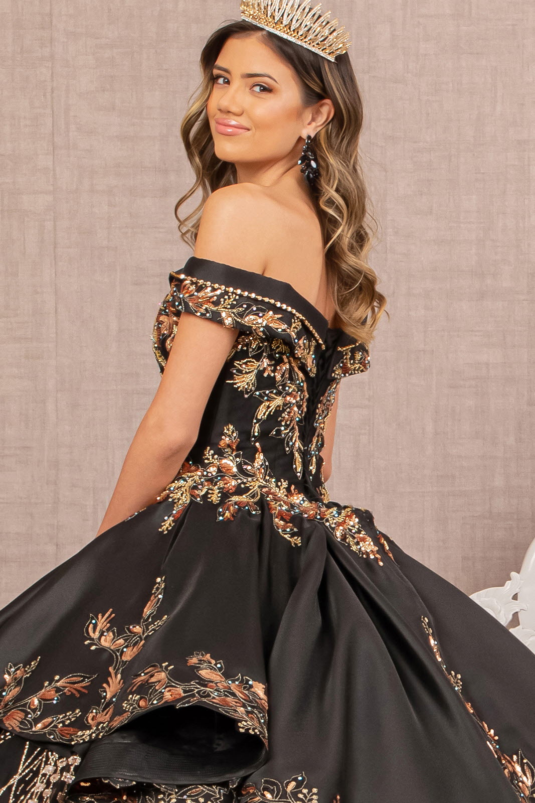 Off Shoulder Satin Quinceanera Ball Gown Embellished with Gold Embroidery GLGL3098-QUINCEANERA-smcfashion.com