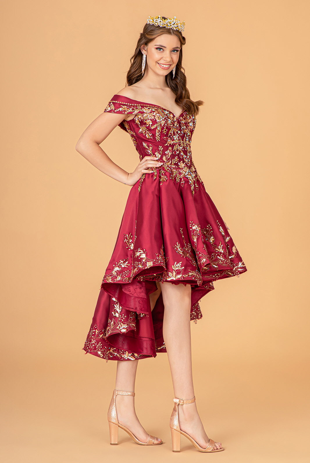 Off Shoulder Satin Quinceanera Ball Gown Embellished with Gold Embroidery GLGL3098-QUINCEANERA-smcfashion.com