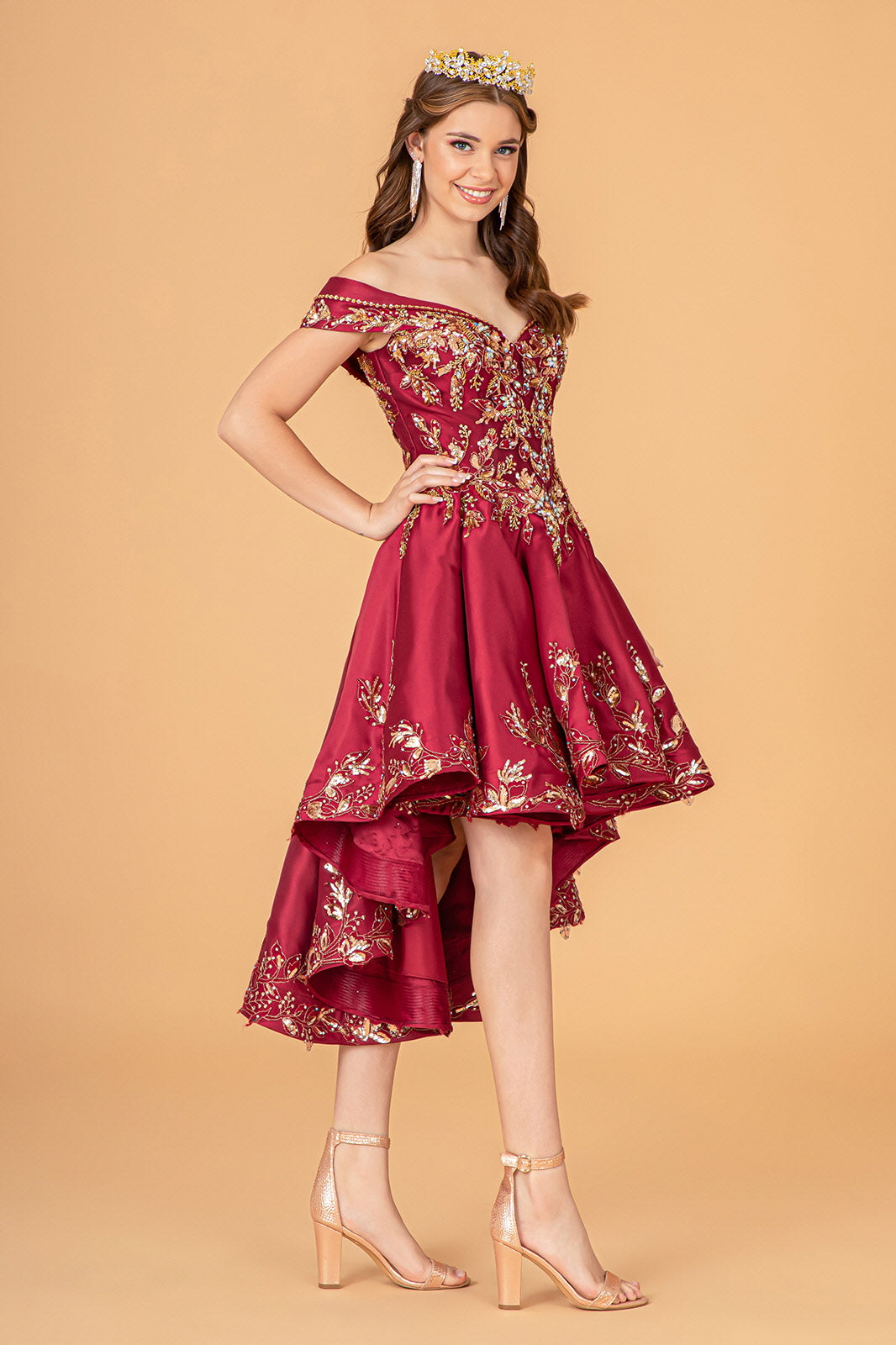 Off Shoulder Satin Quinceanera Ball Gown Embellished with Gold Embroidery GLGL3098-QUINCEANERA-smcfashion.com