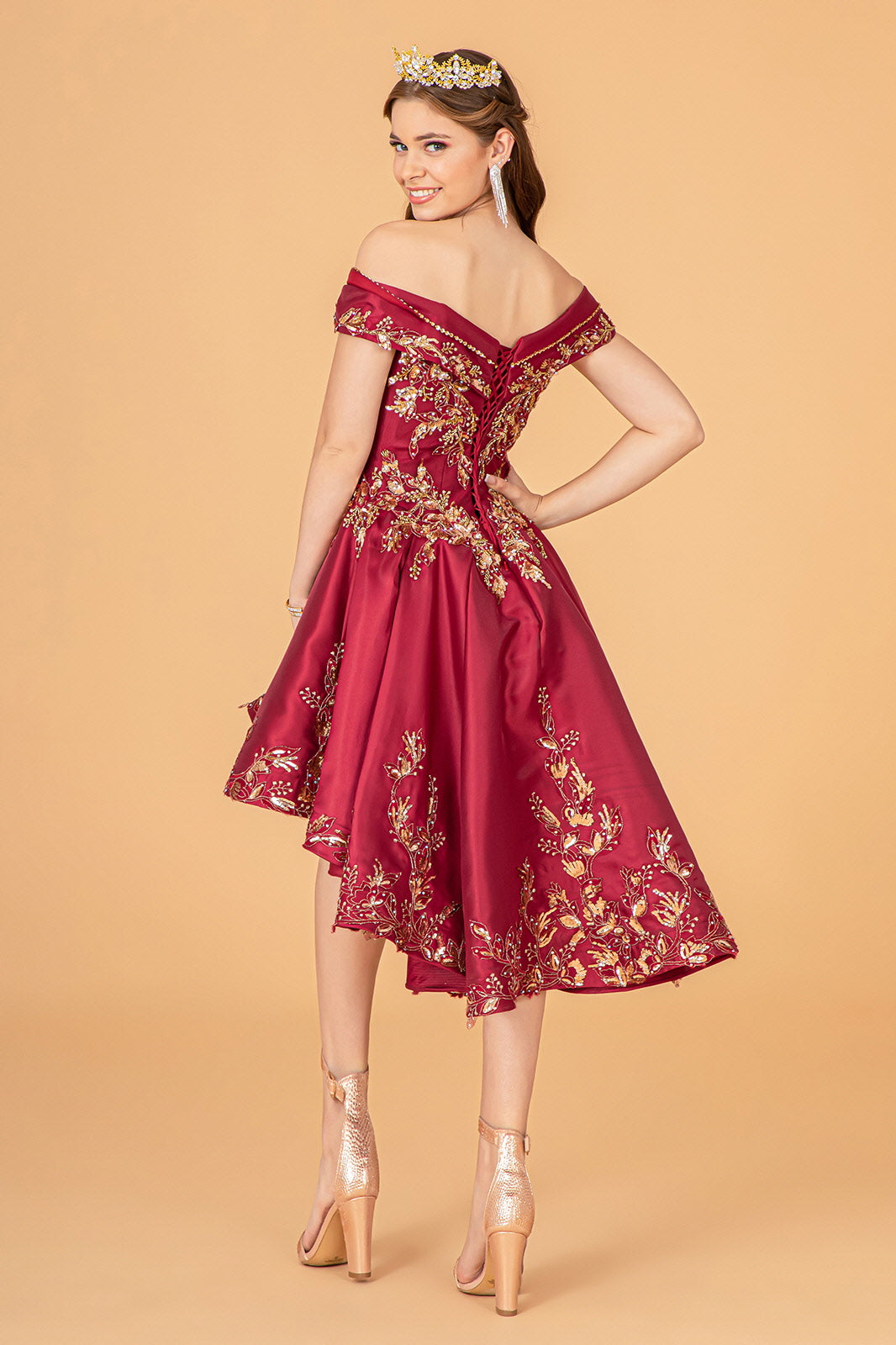Off Shoulder Satin Quinceanera Ball Gown Embellished with Gold Embroidery GLGL3098-QUINCEANERA-smcfashion.com