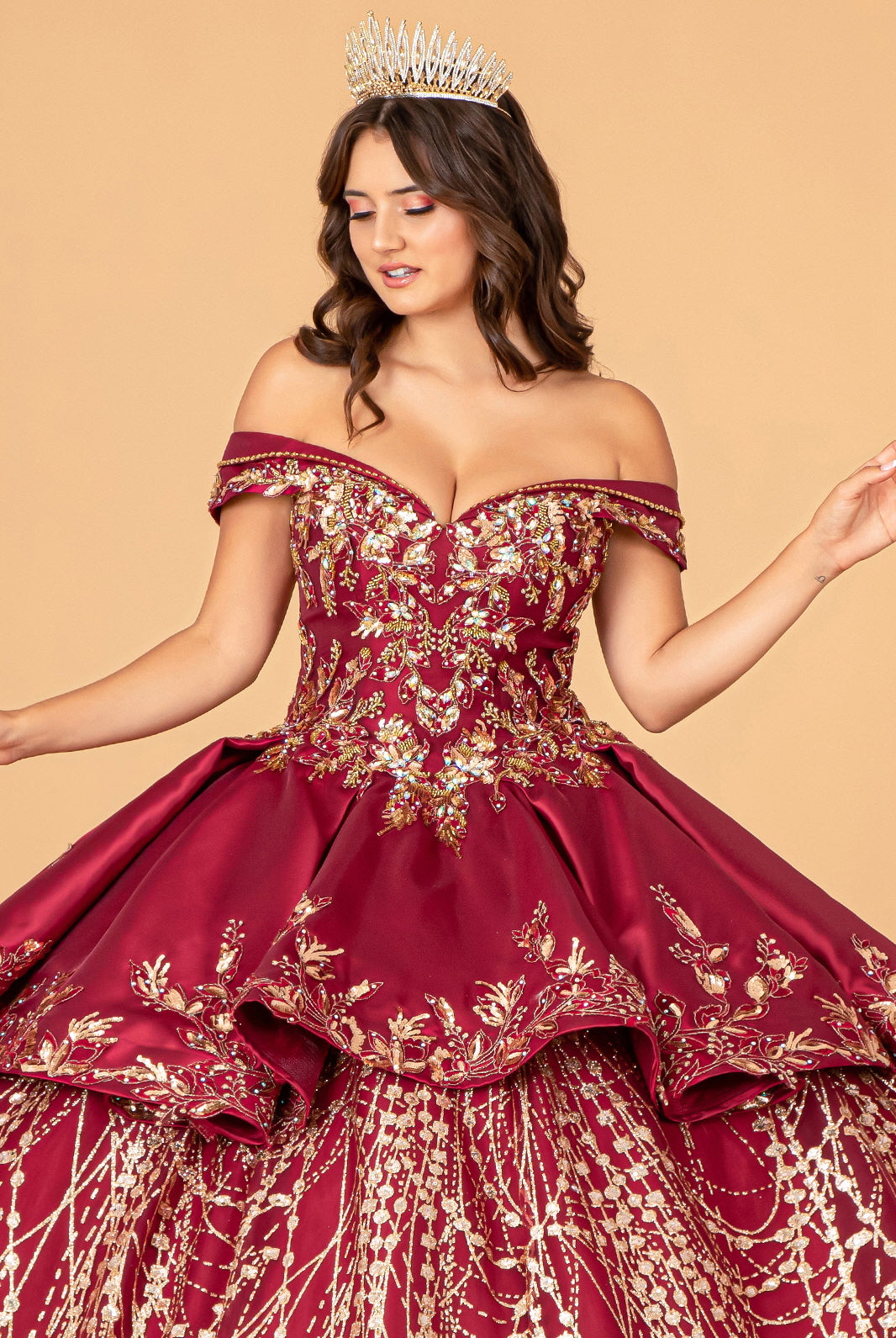 Off Shoulder Satin Quinceanera Ball Gown Embellished with Gold Embroidery GLGL3098-QUINCEANERA-smcfashion.com