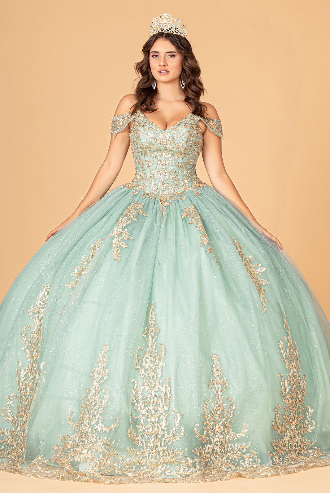 Gold Embroidered Mesh Quinceanera Ball Gown Corset Back GLGL3100-QUINCEANERA-smcfashion.com
