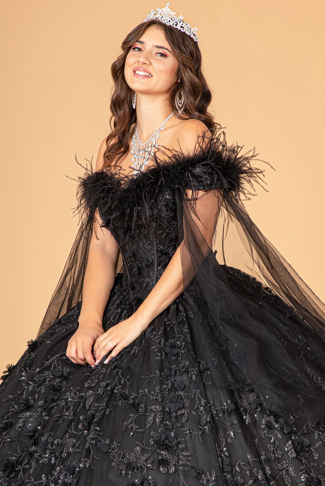 Mesh Quinceanera Dress Side Mesh Drape and Detachable Feather Embellishment GLGL3101-QUINCEANERA-smcfashion.com
