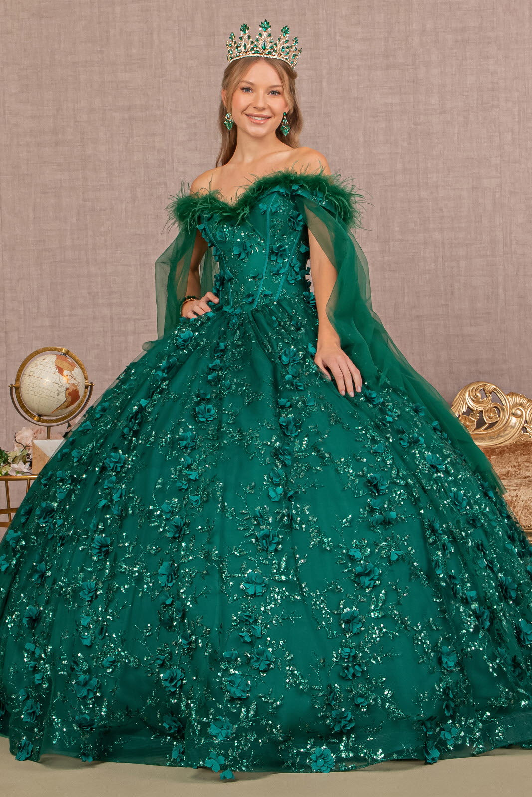 Mesh Quinceanera Dress Side Mesh Drape and Detachable Feather Embellishment GLGL3101-QUINCEANERA-smcfashion.com