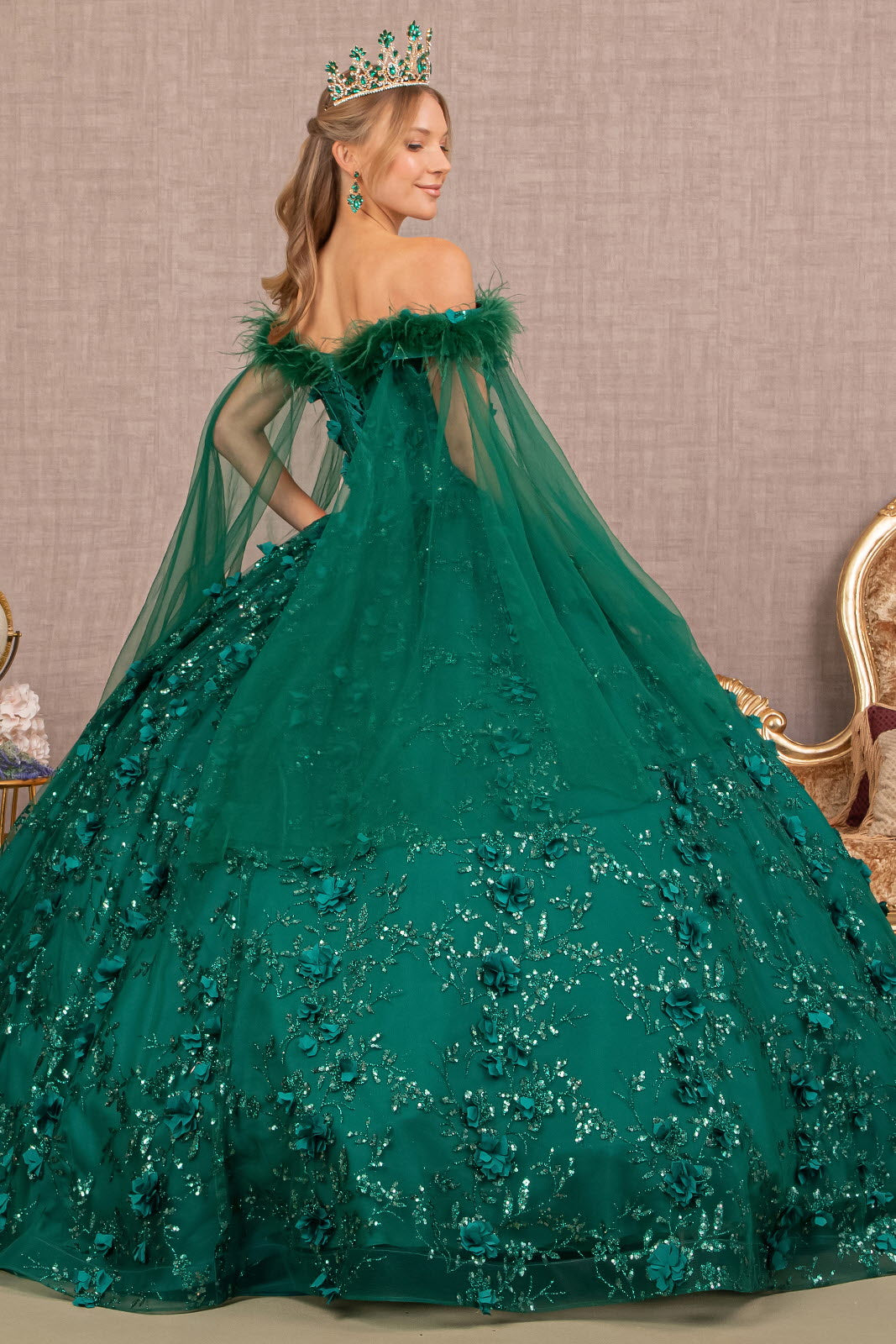 Mesh Quinceanera Dress Side Mesh Drape and Detachable Feather Embellishment GLGL3101-QUINCEANERA-smcfashion.com