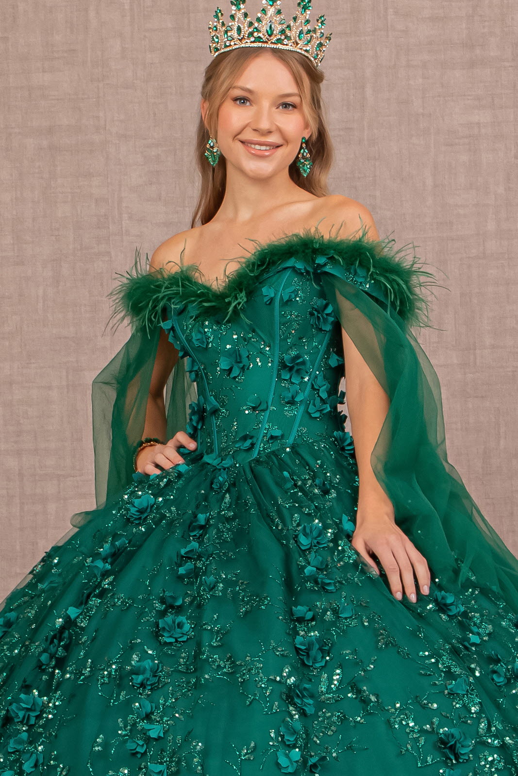 Mesh Quinceanera Dress Side Mesh Drape and Detachable Feather Embellishment GLGL3101-QUINCEANERA-smcfashion.com