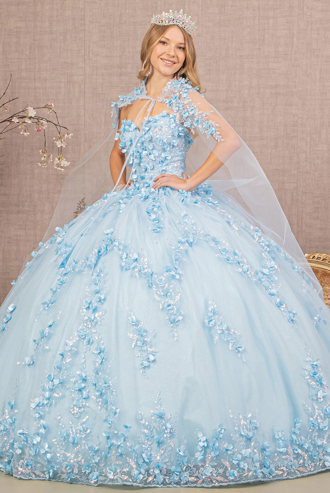 3D Flower Applique Glitter Quinceanera Gown Detachable Mesh Long Sleeves GLGL3103-QUINCEANERA-smcfashion.com