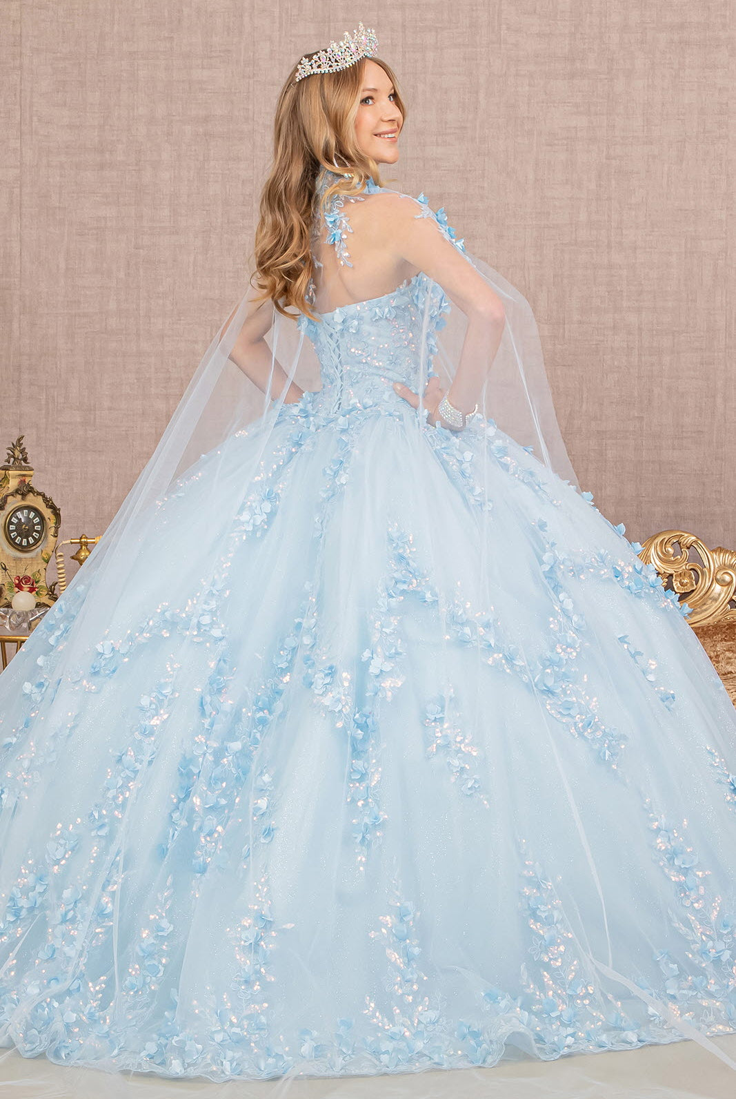 3D Flower Applique Glitter Quinceanera Gown Detachable Mesh Long Sleeves GLGL3103-QUINCEANERA-smcfashion.com