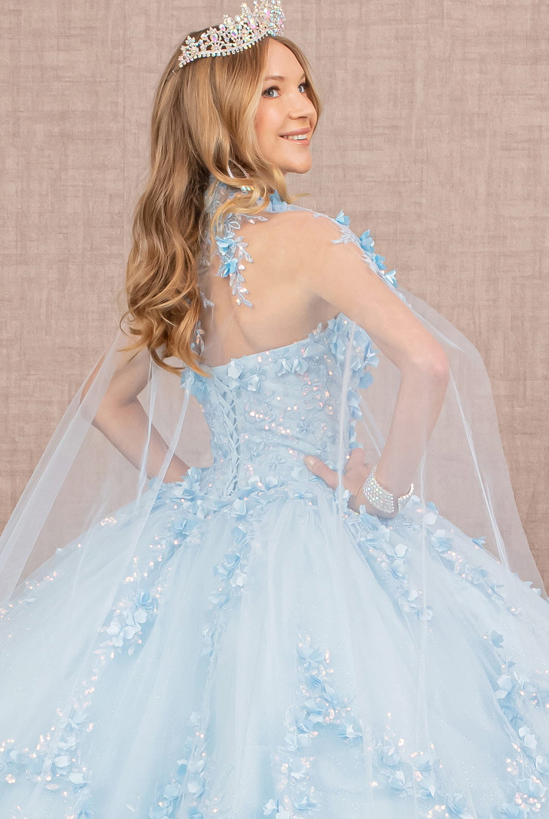 3D Flower Applique Glitter Quinceanera Gown Detachable Mesh Long Sleeves GLGL3103-QUINCEANERA-smcfashion.com