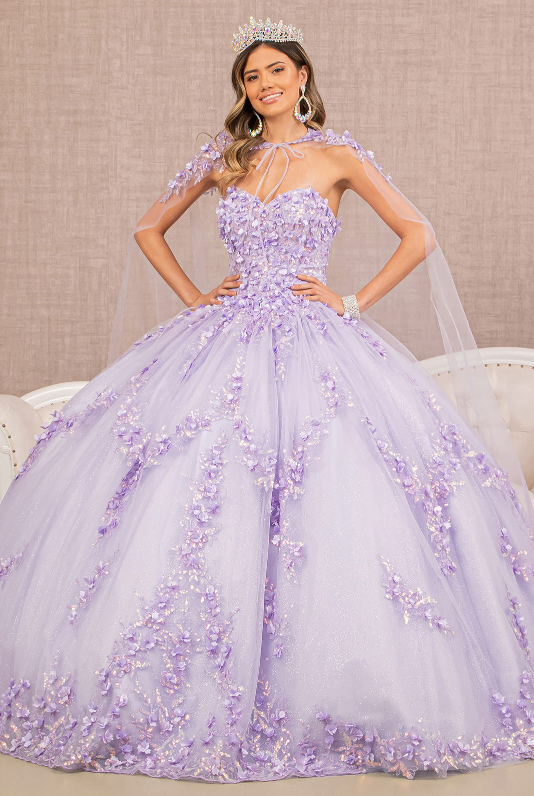 3D Flower Applique Glitter Quinceanera Gown Detachable Mesh Long Sleeves GLGL3103-QUINCEANERA-smcfashion.com
