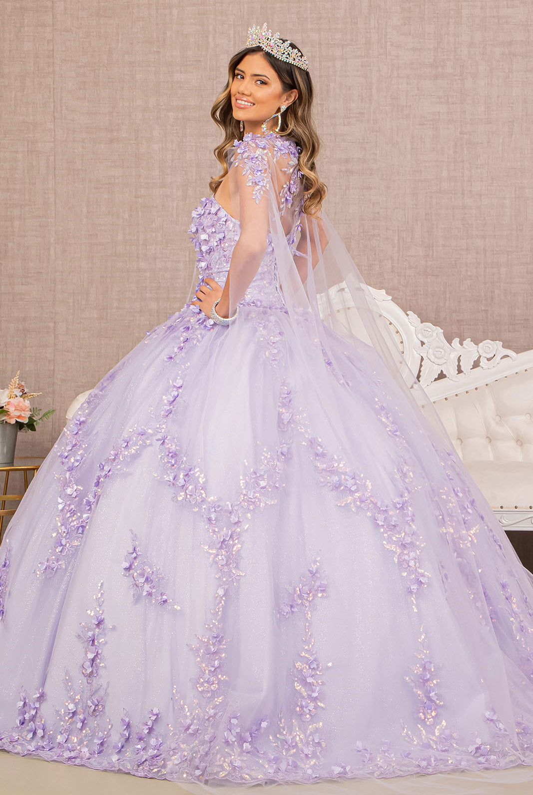 3D Flower Applique Glitter Quinceanera Gown Detachable Mesh Long Sleeves GLGL3103-QUINCEANERA-smcfashion.com
