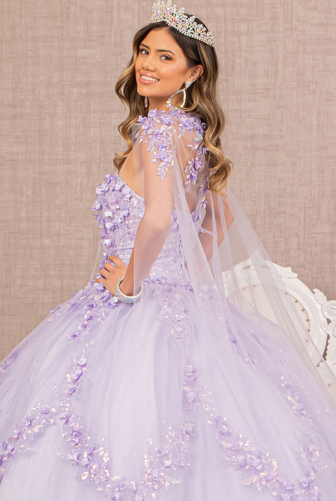 3D Flower Applique Glitter Quinceanera Gown Detachable Mesh Long Sleeves GLGL3103-QUINCEANERA-smcfashion.com