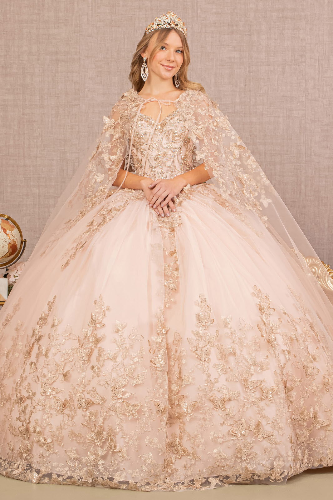 Jewel Mesh Quinceanera Gown 3D Butterfly Appliques and Long Mesh Cape GLGL3104-QUINCEANERA-smcfashion.com
