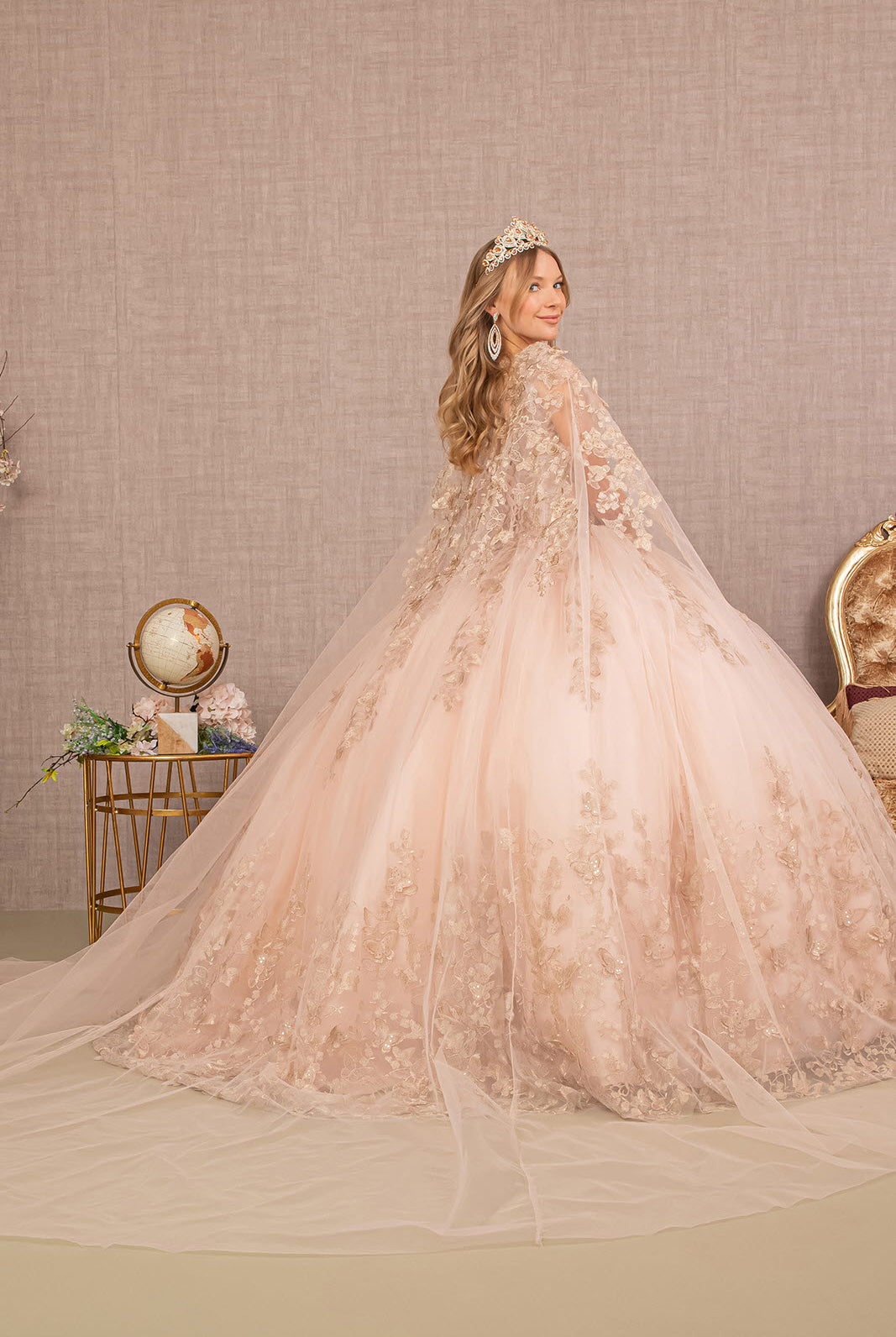 Jewel Mesh Quinceanera Gown 3D Butterfly Appliques and Long Mesh Cape GLGL3104-QUINCEANERA-smcfashion.com