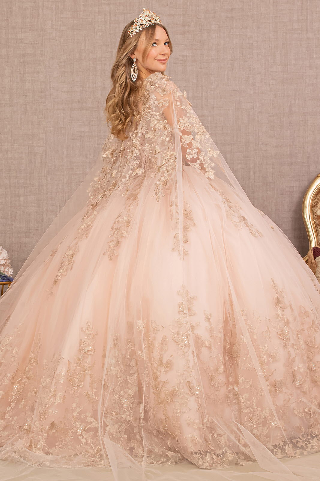 Jewel Mesh Quinceanera Gown 3D Butterfly Appliques and Long Mesh Cape GLGL3104-QUINCEANERA-smcfashion.com