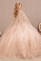 Jewel Mesh Quinceanera Gown 3D Butterfly Appliques and Long Mesh Cape GLGL3104-QUINCEANERA-smcfashion.com