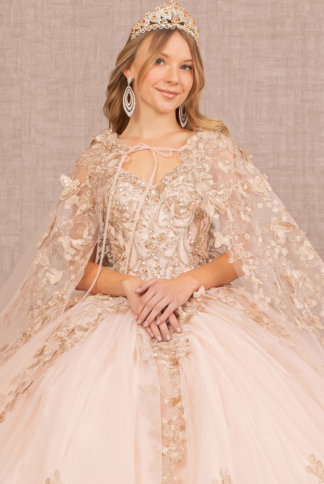 Jewel Mesh Quinceanera Gown 3D Butterfly Appliques and Long Mesh Cape GLGL3104-QUINCEANERA-smcfashion.com