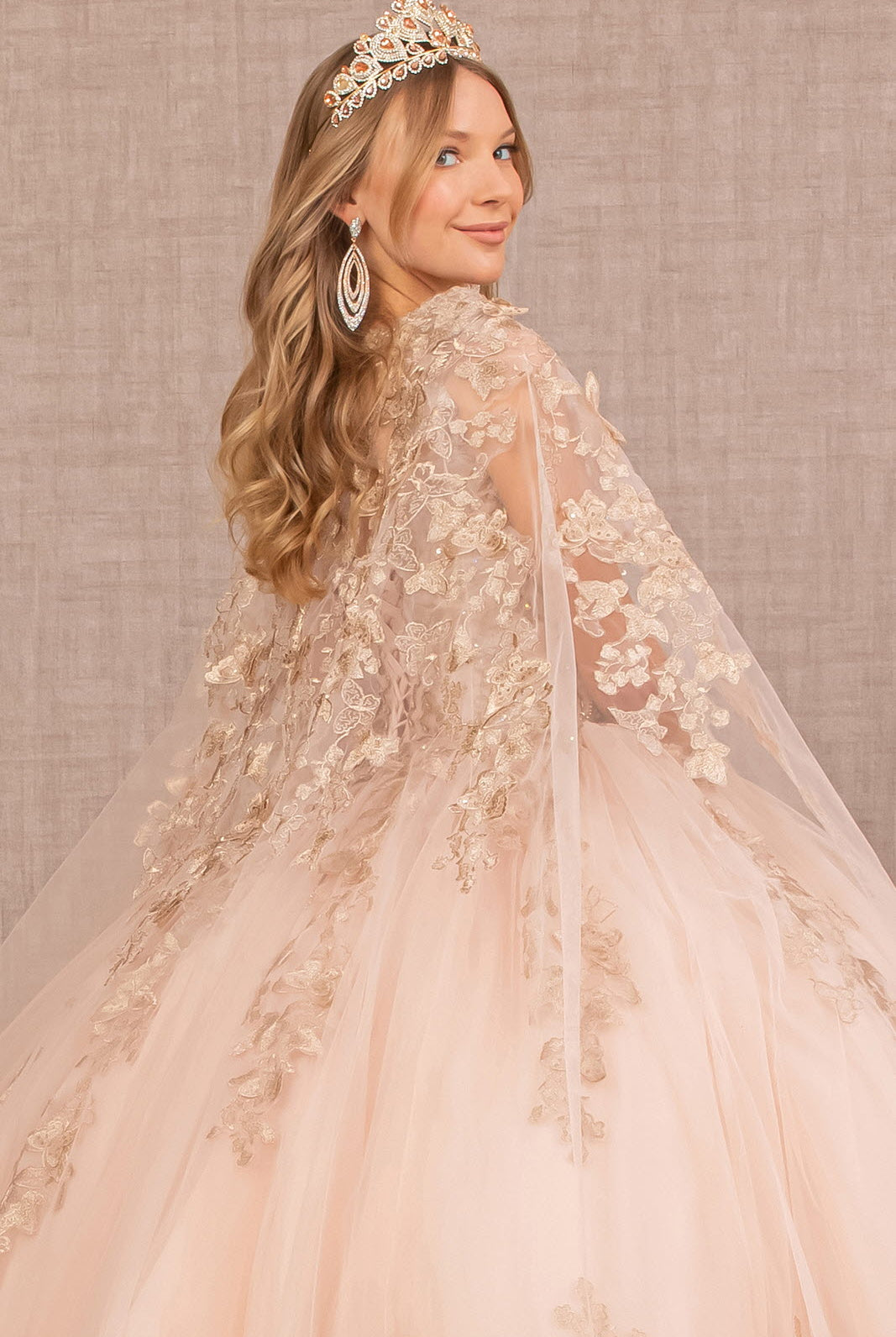 Jewel Mesh Quinceanera Gown 3D Butterfly Appliques and Long Mesh Cape GLGL3104-QUINCEANERA-smcfashion.com