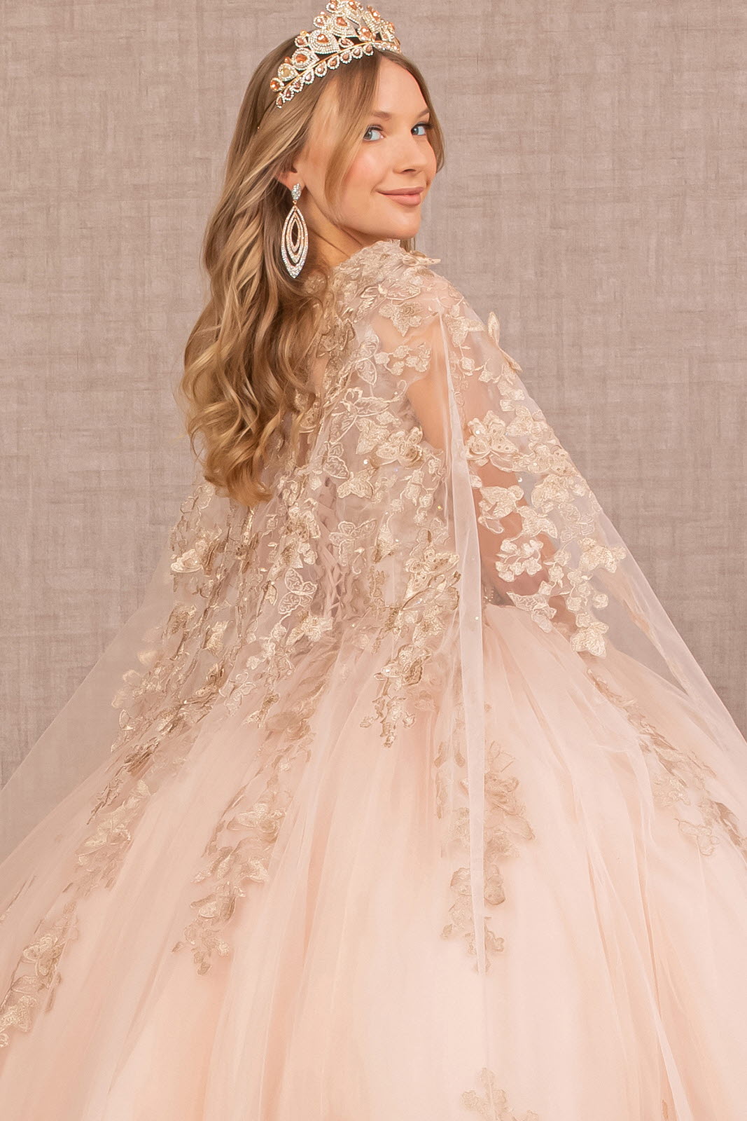 Jewel Mesh Quinceanera Gown 3D Butterfly Appliques and Long Mesh Cape GLGL3104-QUINCEANERA-smcfashion.com