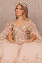 Jewel Mesh Quinceanera Gown 3D Butterfly Appliques and Long Mesh Cape GLGL3104-QUINCEANERA-smcfashion.com