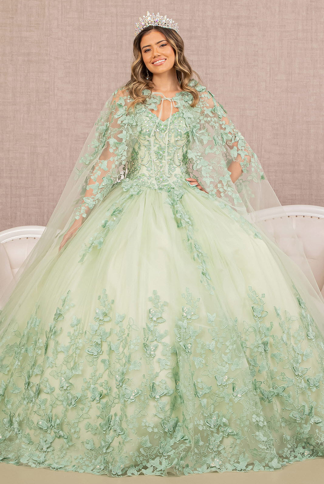 Jewel Mesh Quinceanera Gown 3D Butterfly Appliques and Long Mesh Cape GLGL3104-QUINCEANERA-smcfashion.com
