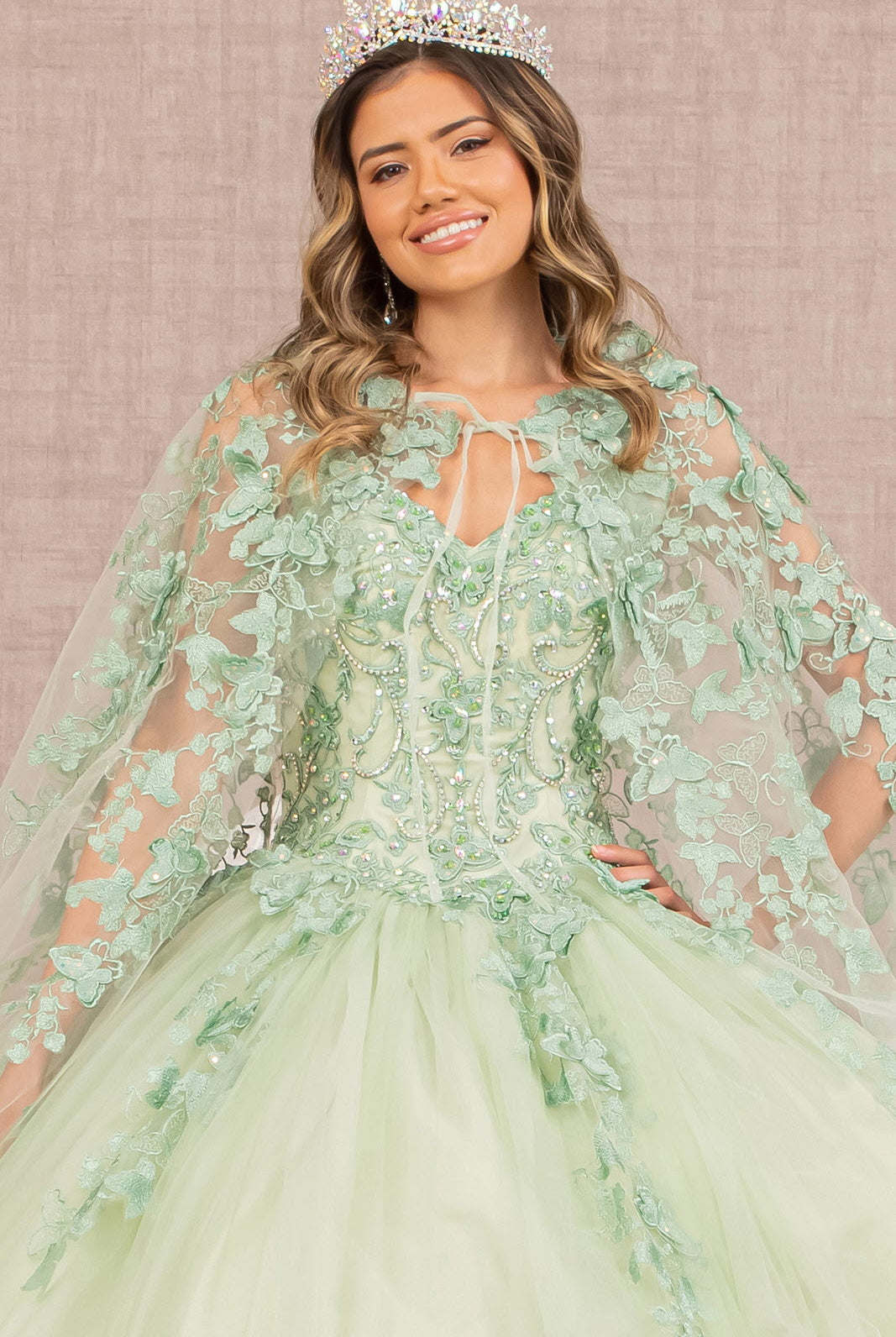 Jewel Mesh Quinceanera Gown 3D Butterfly Appliques and Long Mesh Cape GLGL3104-QUINCEANERA-smcfashion.com
