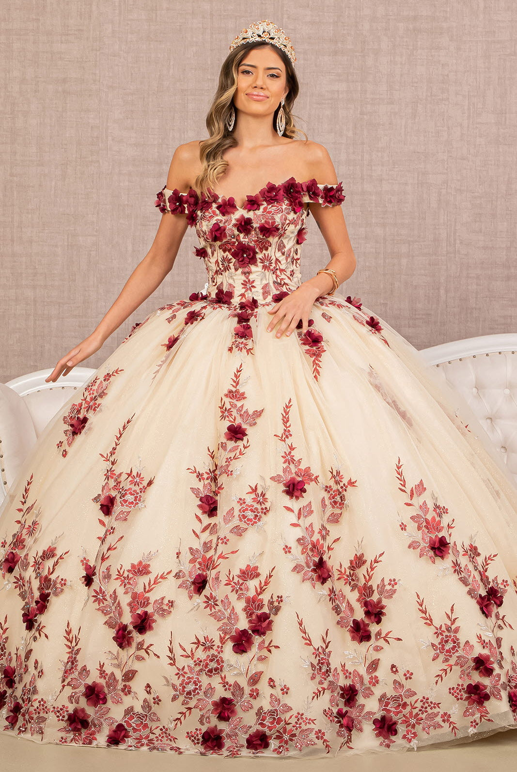 3D Flower Embroidery Off Shoulder Mesh Quinceanera Gown GLGL3105-QUINCEANERA-smcfashion.com