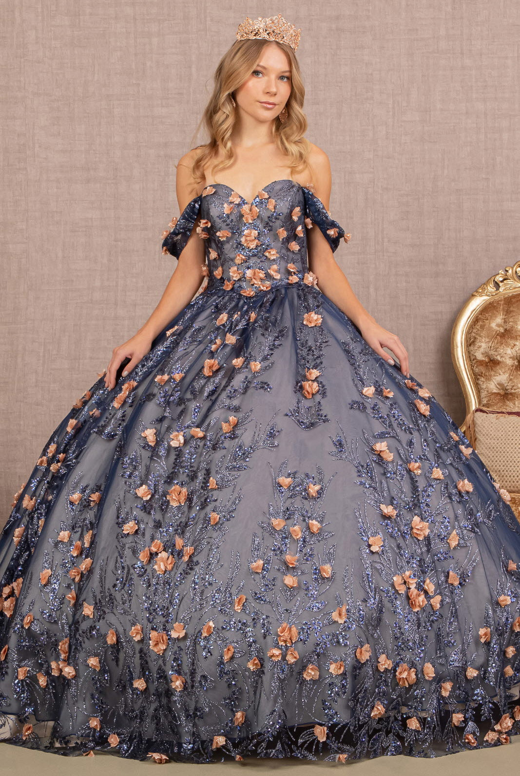 3D Flower Applique Glitter Off Shoulder Mesh Quinceanera Dress GLGL3106-QUINCEANERA-smcfashion.com