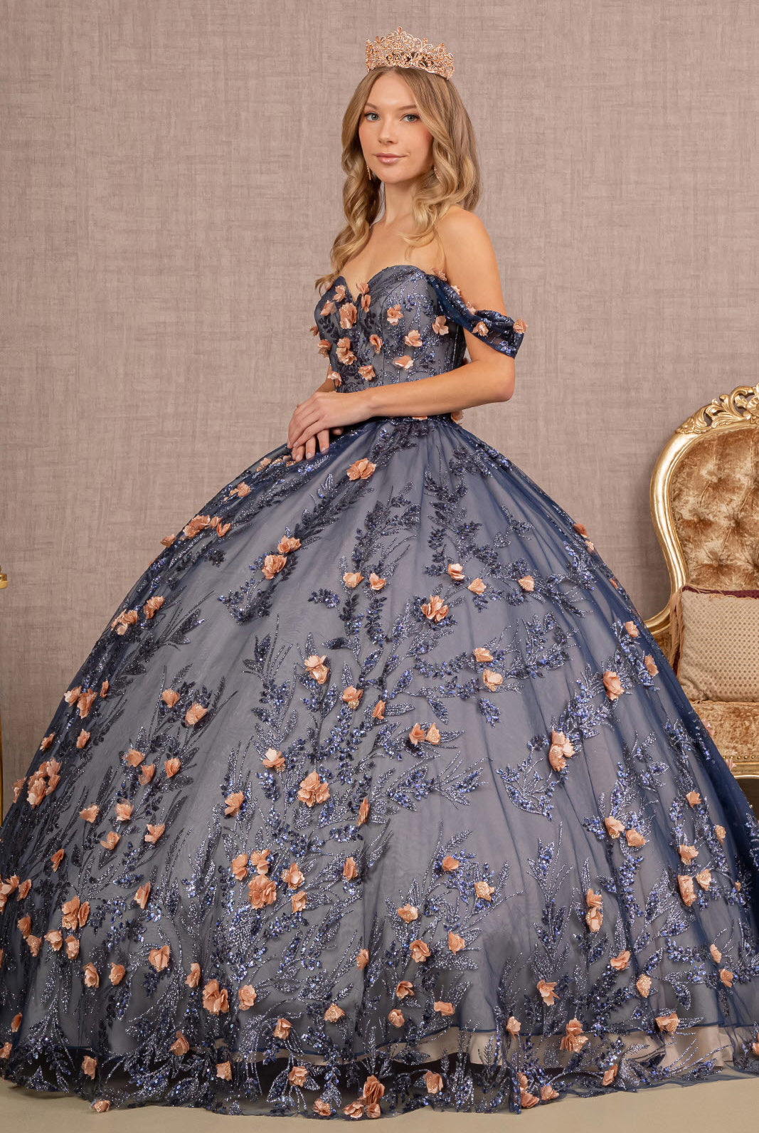3D Flower Applique Glitter Off Shoulder Mesh Quinceanera Dress GLGL3106-QUINCEANERA-smcfashion.com