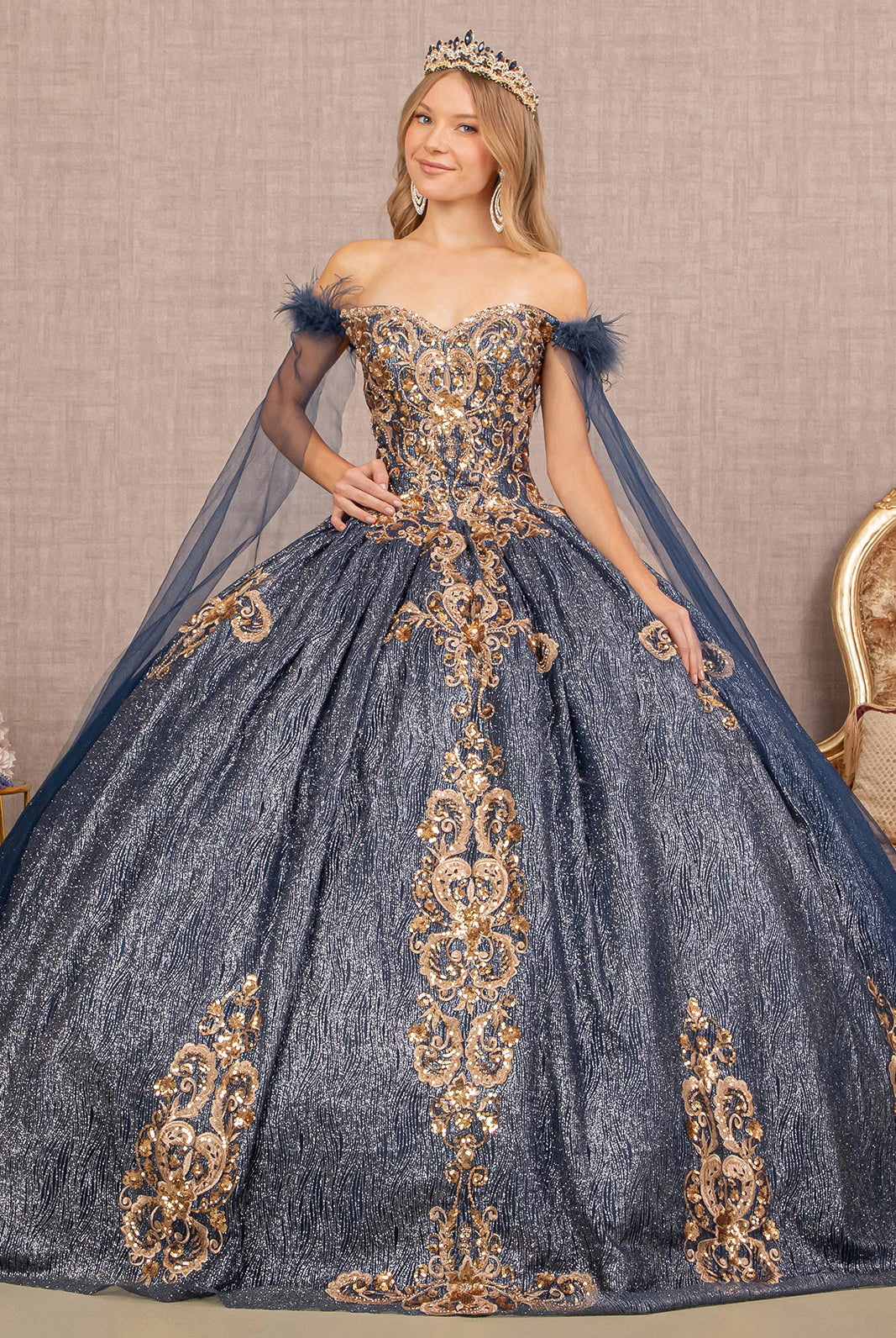 Feather Sequin Quinceanera Gown Detachable Side Mesh Layer GLGL3107-QUINCEANERA-smcfashion.com