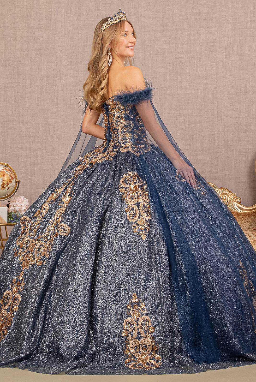 Feather Sequin Quinceanera Gown Detachable Side Mesh Layer GLGL3107-QUINCEANERA-smcfashion.com