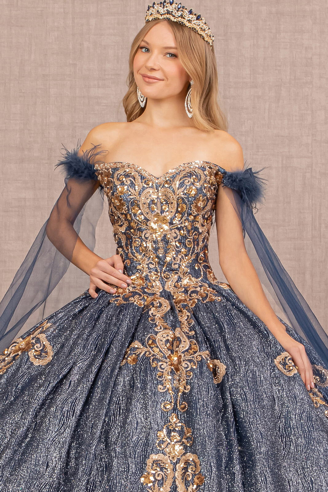 Feather Sequin Quinceanera Gown Detachable Side Mesh Layer GLGL3107-QUINCEANERA-smcfashion.com