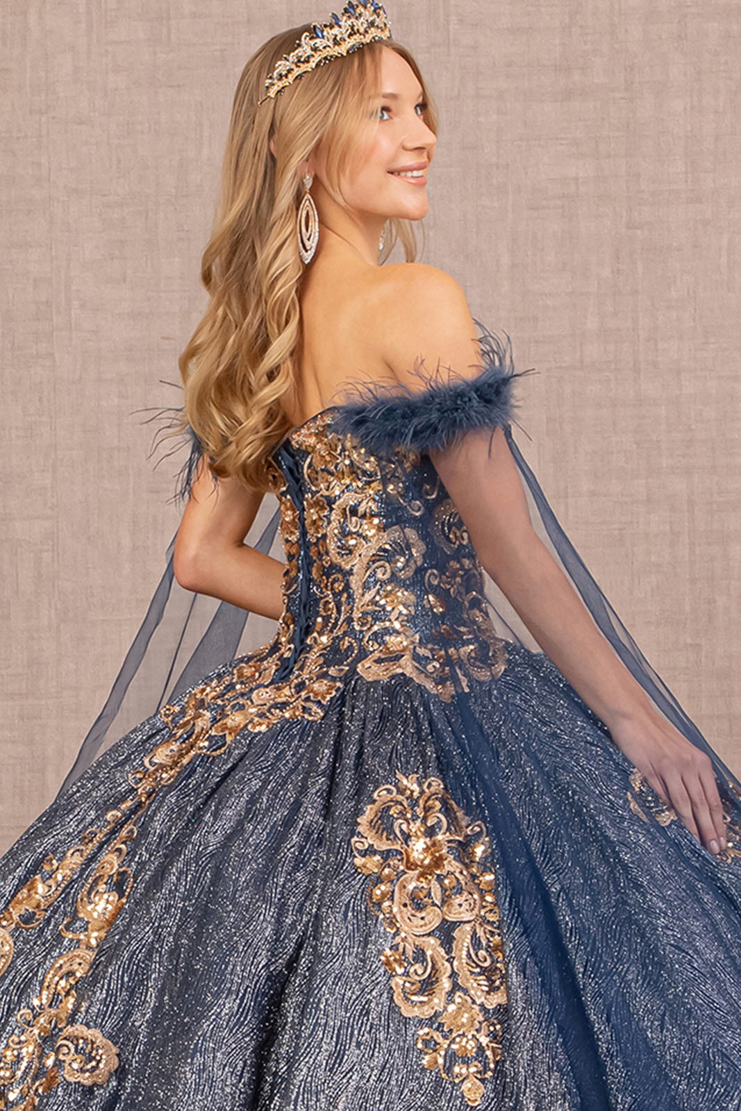 Feather Sequin Quinceanera Gown Detachable Side Mesh Layer GLGL3107-QUINCEANERA-smcfashion.com