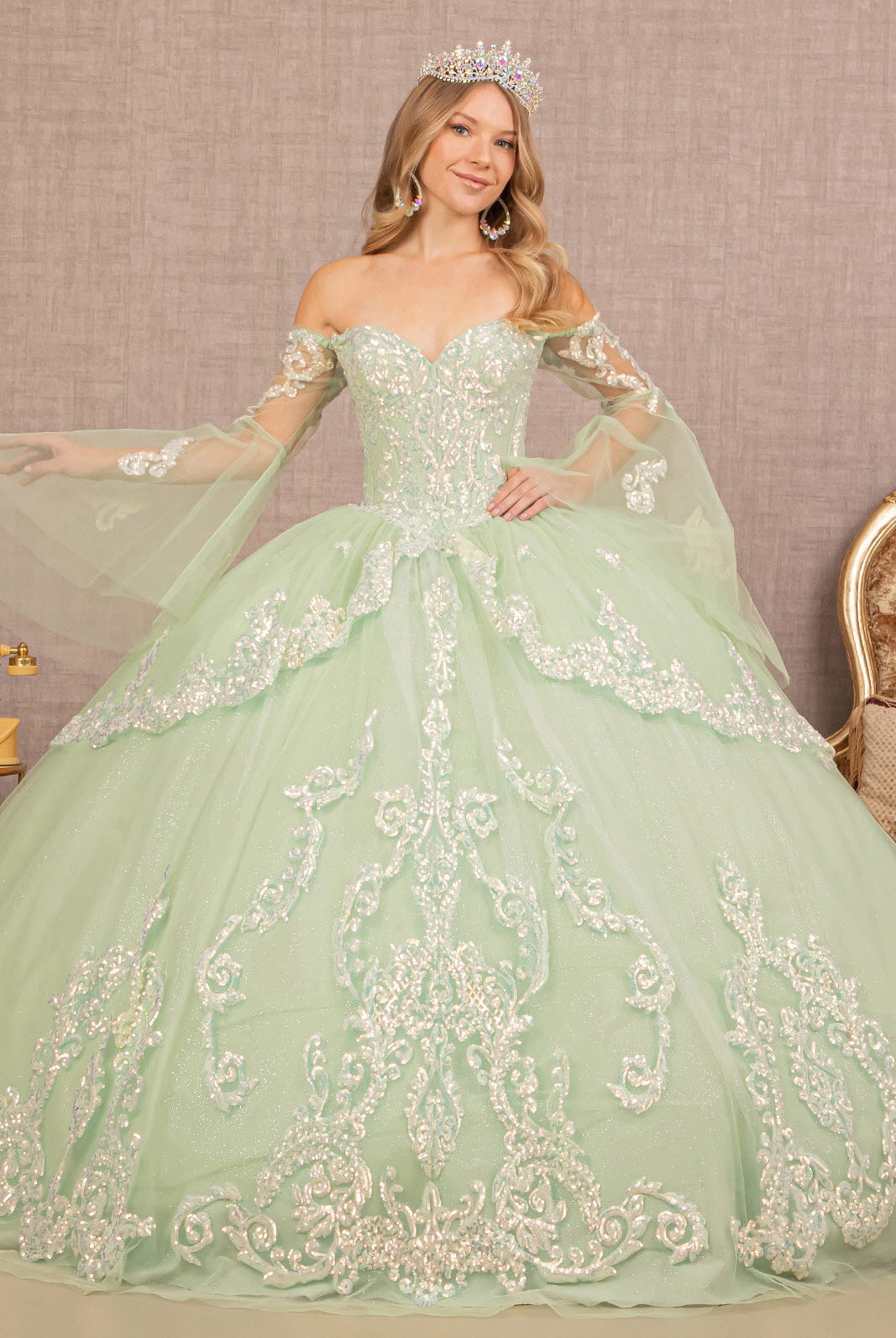 Glitter Layered Hem Quinceanera Gown Long Mesh Sleeves GLGL3109-QUINCEANERA-smcfashion.com