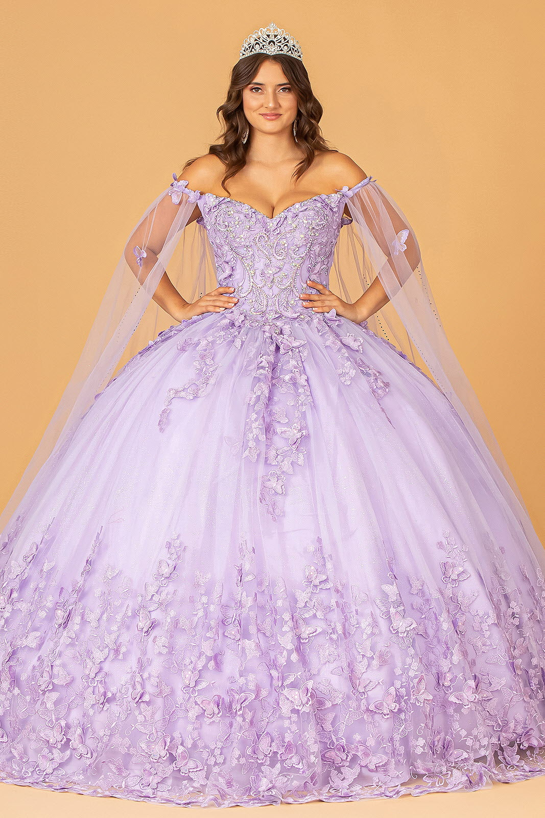 3D Butterfly Applique Glitter Quinceanera Gown Long Mesh Layer GLGL3110-QUINCEANERA-smcfashion.com