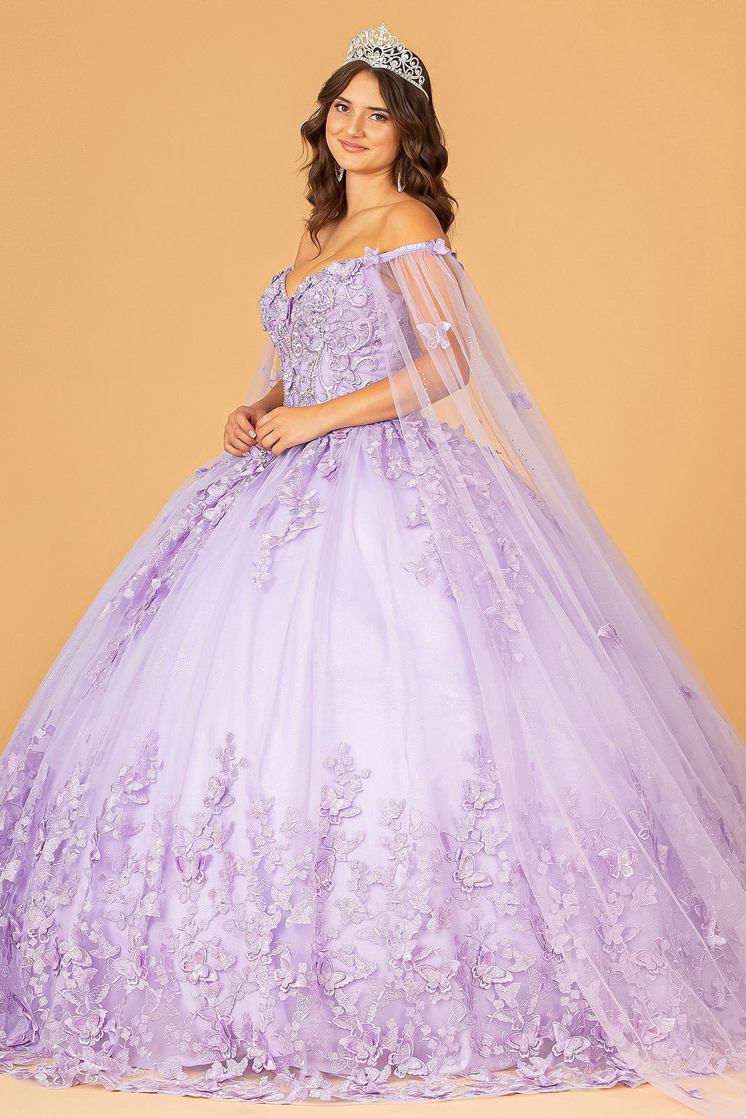 3D Butterfly Applique Glitter Quinceanera Gown Long Mesh Layer GLGL3110-QUINCEANERA-smcfashion.com