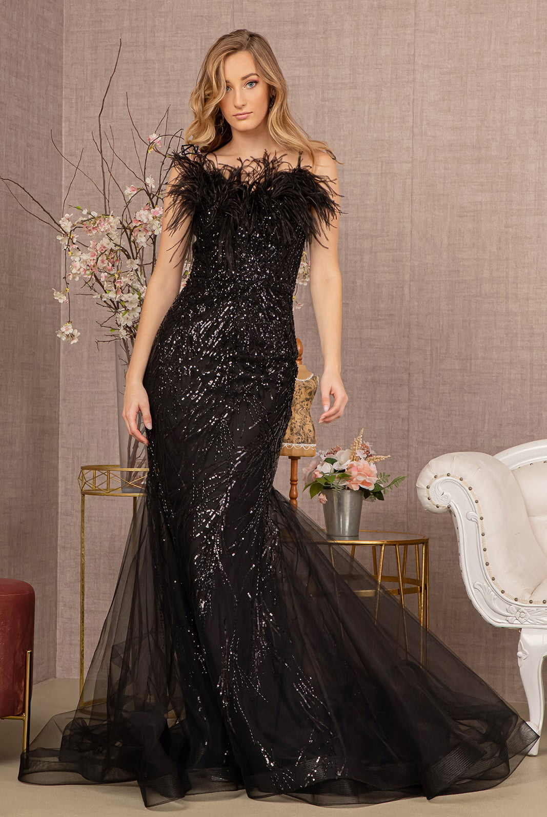 Sequin Sweetheart Mesh Trumpet Dress Feather Embellishment GLGL3117-PROM-smcfashion.com