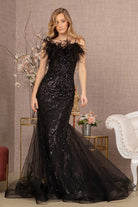 Sequin Sweetheart Mesh Trumpet Dress Feather Embellishment GLGL3117-PROM-smcfashion.com